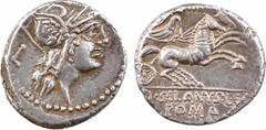 Roman republican coins Junia, denier, Rome, 91 av. J.-C. A/Anépigraphe Tête casquée de Roma à droite ; derrière, lettre de contrôle R/A l'exergue, D SILANVS L F/ ROMA La Victoire dans un bige à droite