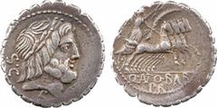 Roman republican coins Antonia, denier serratus, Rome, 83 av. J.-C. A/S C Tête laurée de Jupiter à droite R/Q ANTO BALB/ PR La Victoire dans un quadrige à droite, tenant une couronne et une palme ; en