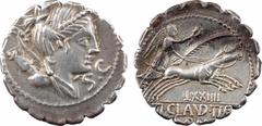 Roman republican coins Claudia, denier serratus, Rome, 79 av. J.-C. A/S C Buste drapé de Diane à droite, l'arc et le carquois derrière l'épaule R/A l'exergue, TI CLAVD TI F/ AP N La Victoire dans un b
