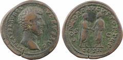 Roman imperial coins Lucius Verus, sesterce, Rome, 161 A/IMP CAES L AVREL VERVS AVG Tête laurée à droite R/CONCORD AVGVSTOR TR P/ COS II/ S/ C Marc Aurèle et Lucius Verus debout face à face, se serran