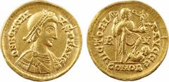 Roman imperial coins Honorius, solidus, Ravenne, 402-406 A/D N HONORI - VS P F AVG Buste diadémé à droite, drapé et cuirassé, vu de trois quarts en avant R/VICTORI - A AVGGG/ R/ V/ COMOB L'Empereur de