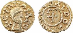 Merovingian times Aquitaine, Curzac (Haute-Vienne), trémissis or du monétaire Marcoaldo, s.d. (c.650) A/+ CVRISIACO, S couchée Buste barbu à droite R/(à 6 h.) MARCOALDO- Croix grecque supportant un om