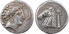 Greek coins Sicile, Siculo-puniques, Carthaginois en Sicile, tétradrachme, c.320-300 av. J.-C A/Anépigraphe Tête couronnée d'Aréthuse à droite, portant des triples pendants d'oreille et un collier, en