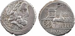 Roman republican coins Rubria, denier, Rome, 87 av. J.-C. A/DOSSEN Tête laurée de Jupiter à droite, le sceptre sur l'épaule R/A l'exergue, L RVBRI Quadrige triomphal à droite, décoré sur le devant d'u