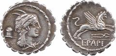 Roman republican coins Papia, denier serratus, Rome, 79 av. J.-C. A/Anépigraphe Tête de Junon Sospita à droite, coiffée de la peau de chèvre ; derrière, marque de contrôle R/A l'exergue, L PAPI Griffo