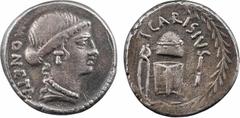 Roman republican coins Carisia, denier, Rome, 46 av. J.-C. A/MONETA Buste de Junon Moneta à droite R/T CARISIVS Instruments du monnayage : coin fixe surmonté d'un coin mobile avec guirlande (ou bonnet