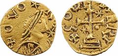 Merovingian times Neustrie ? atelier indéterminé, trémissis du monétaire Godemeri, c.600-630 A/+ OVO * [R *] Buste diadémé à droite R/+ GOD - [EM]ERI Croix grecque posée sur deux marche, avec étoiles 