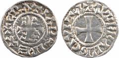 Carolingian coins Raoul, denier, s.d. (923-936) Orléans A/(à 9 h.) GRATIA D-I REX Monogramme de Raoul R/+ AVRELIANIS CIVITAS Croix Argent 19,4 mm 1,43 g 3 h TTB+, R D.733 (62 ex.), MG.1595 Un exemplai