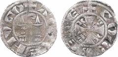 Feudal coins Corbie (abbaye de), Hugues Ier, denier, s.d. (1172-1184) A/+ ABAS HVGO Crosse en pal accostée de deux poignards ?, au-bas oméga ou E couchée ? R/+ CORBENE Croix cantonnée au 1 et 4 d'une 