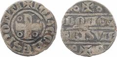Feudal coins Ponthieu (comté de), Jeanne de Ponthieu et Jean II de Nesle, denier, s.d. Abbeville A/+ IOH COMES PONTI Croix cantonnée de trois annelets en 1, 3 et 4 En deux lignes au centre : MONET - A