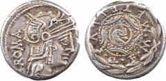 Roman republican coins Caecilia, denier, Rome, 127 av. J.-C. A/ROMA Tête casquée de Rome à droite ; devant, XVI en monogramme R/M METELLVS Q F Bouclier macédonien au centre duquel est représentée une 