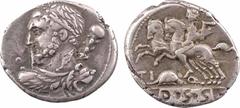 Roman republican coins Quinctia, denier, Rome, 112-111 av. J.-C. A/Anépigraphe Buste lauré d'Hercule à gauche vu de dos, vêtu de la peau de Lion et tenant la massue au dessus de son épaule droite R/An