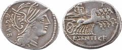 Roman republican coins Sentius, denier, Rome, 101 av. J.-C. A/ARG PVB Tête casquée de Rome à droite R/L SENTI C F Jupiter dans un quadrige à droite Argent 18,2 mm 3,91 g 6 h TTB+ / TTB RRC.325/1b, Syd