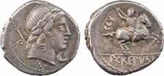Roman republican coins Crepusia, denier, Rome, 82 av. J.-C. A/Anépigraphe Tête laurée d'Apollon à droite, avec le sceptre derrière l'épaule ; devant, un symbole ; derrière, lettre de contrôle R/P CREP