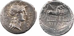 Roman republican coins Manlia, denier, Rome, 82 av. J.-C. A/L MANLI PRO Q Tête casquée de Rome à droite R/A l'exergue, L SVLLA IM L. Cornelius Sulla dans un quadrige à droite, tenant un caducée, couro