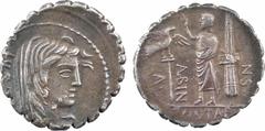 Roman republican coins Postumia, denier serratus, Rome, 81 av. J.-C. A/HISPAN Tête voilée de l'Espagne à droite R/A/ POST A F/ S N/ ALBIN Personnage en toge, debout à gauche, tendant la main vers une 