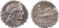 Roman republican coins Naevia, denier serratus, Rome, 79 av. J.-C. A/S C Tête diadémée de Vénus à droite, devant marque de contrôle R/A l'exergue, C NAE BALB La Victoire dans un trige à droite Argent 