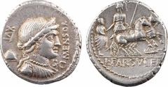 Roman republican coins Farsuleia, denier, Rome, 75 av. J.-C. A/MENSOR/ S C Buste diadémé et drapé de Libertas à droite ; derrière, le pileus R/A l'exergue, L FARSVLEI Rome dans un bige à droite, tenan