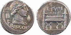 Roman republican coins Furia, denier, Rome, 63 av. J.-C. A/III-VIR/ BROCCHI Buste drapé de Cérès à droite, couronnée d'épis de blé ; devant, un grain de blé et derrière, un épi de blé R/L FVRI/ CN F C