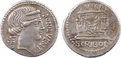 Roman republican coins Scribonia, denier, Rome, 62 av. J.-C. A/BON EVENT/ LIBO Tête diadémée de Bonus Eventus à droite R/PVTEAL/ SCRIBON Le puits scribonien orné d'une guirlande entre deux lyres ; un 