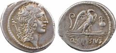 Roman republican coins Cassia, denier, Rome, 55 av. J.-C. A/Anépigraphe Tête nue du Génie du Peuple Romain à droite, un sceptre derrière l'épaule droite R/A l'exergue, Q CASSIVS Aigle debout à droite 