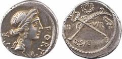 Roman republican coins Sicinia, denier, Rome, 49 av. J.-C. A/FORT PR Tête diadémée de la Fortune du Peuple Romain à droite R/III/ VIR/ Q SICINIVS Une palme et un caducée en sautoir ; au dessus, une co