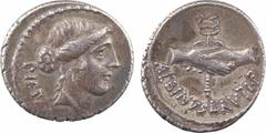 Roman republican coins Postumia, denier, Rome, 48 av. J.-C. A/PIETAS Tête de la Piété à droite R/ALBINVS BRVTI F Deux mains jointes tenant un caducée ailé Argent 17,5 mm 3,80 g 9 h TTB+ RRC.450/2, RCV