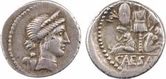 Roman republican coins Jules César, denier, Espagne (atelier militaire), 46-45 av. J.-C. A/Anépigraphe Tête diadémée de Vénus à droite, un petit Cupidon sur son épaule droite R/A l'exergue, CAESAR Tro