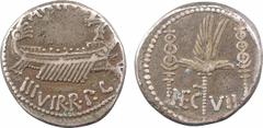 Roman republican coins Marc Antoine, denier VIIe légion, Patrae (?), 32-31 av. J.-C. A/ANT AVG III VIR R P C Galère voguant à droite R/LEG VII Aigle légionnaire à droite entre deux étendards Argent 16