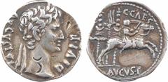 Roman imperial coins Auguste, denier, Lyon, 9-8 av. J.-C. A/AVGVSTVS - DIVI. F Tête laurée à droite R/C. CAES// AVGVS. F Gaius Cesar en cavalier à droite, avec bouclier et épée, devant des enseignes A
