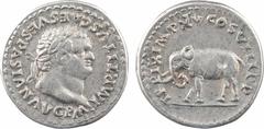 Roman imperial coins Titus, denier, Rome, 80 A/IMP TITVS CAES VESPASIAN AVG P M Tête laurée à droite R/TR P IX IMP XV COS VIII P P Éléphant marchant à gauche Argent 18,3 mm 3,43 g 6 h TTB+, R RIC.22a,