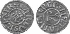 Carolingian coins Charlemagne, denier avec titulature de Patrice des Romains, s.d. (c.781) Rome ou Ravenne ? A/+ CARLVS REX FR Monogramme carolin R/(à 4 h.) + ET LANG AC PAT ROM Monogramme de Charles 