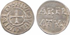 Carolingian coins Louis le Pieux, denier, c.820, Arles A/(à 11 h.) + H LVDOVVICVS IMP Croix En deux lignes : AREL/ ATVM Argent 21,1 mm 1,70 g 10 h SUP, R D.61 (27 ex.), MG.439 P.859 Sur un grand flan,