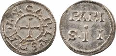 Carolingian coins Charles le Chauve, denier, Paris A/(à 11 h.) + CAR.LVS R.EX Croix Au centre, en deux lignes : PARI/ S (triangle) II Argent 20,5 mm 1,56 g 4 h SUP, RR D.761 (21 ex.), MG.826 v. Rare d