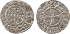 Carolingian coins Raoul (immobilisation au nom de), denier, Château-Landon, s.d. (XIe s. ?) A/(à 6 h.) + GRATIA D-I REX Monogramme dégénéré de Raoul avec ROFX R/+ LANDONIS CASTA Croix Argent 19,2 mm 1