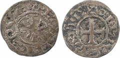Feudal coins Troyes (comté de), Thibaut Ier, denier, s.d. (1048-1089) Troyes A/(à 12 h.) + PETVS EPICOPVS, S à l'envers Dans le champ, VRBS en monogramme R/+ TRECAS CIVI TEBO, lecture rétrograde Croix