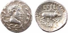 Celtic coins Grande-Bretagne, Atrébates et Regni, Eppilus, denier, 10 av. J.-C.-c.15 A/Anépigraphe Tête masculine barbue nue à droite dans une couronne R/EPPIL / F / COM Sanglier passant à droite Arge