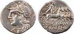 Roman republican coins Baebia, denier, Rome, 137 av. J.-C. A/[TAMPIL] Tête casquée de Roma à gauche ; devant, sous le menton, X R/ROMA/ M BAEBI Q F Apollon dans un quadrige à droite, tenant une branch