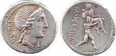 Roman republican coins Herennia, denier, Rome, 108-107 av. J.-C. A/PIETAS Tête diadémée de la Piété à droite, devant lettre Q R/M HERENNI Un des frères catanéens courant à droite, portant son père sur