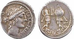 Roman republican coins Servilia, denier, Rome, 57 av. J.-C. A/FLORAL. PRIMVS Tête de Flore à droite ; derrière, le lituus R/A l'exergue : C. SERVEIL Deux soldats face à face avec leurs épées, à droite