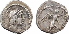 Roman republican coins A. Licinius Nerva, sesterce, Rome, 47 av. J.-C A/NERVA Tête laurée d'Apollon à droite R/A. LICINI Victoire à gauche avec une palme Argent 10,6 mm 0,75 g 6 h TTB, RR RRC.454/4, S