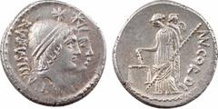 Roman republican coins Cordia, denier, Rome, 46 av. J.-C. A/RVFVS III VIR Têtes accolées des Dioscures à droite, coiffés du pileus surmonté par une étoile R/MN CORDIVS Vénus debout à gauche, tenant un