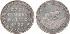 World coins : Europe Allemagne, Anhalt-Bernbourg, Alexandre-Charles, thaler de mine, 1852 Berlin A/ALEXANDER CARL HERZOG ZU ANHALT Au-dessus de deux marteaux entrecroisés, l'inscription en quatre lign