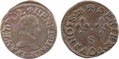 French coins : Troyes mint Henri III, denier tournois, s.d. (1578-1580) Troyes A/(à 12 h.) + HENRI. III. R. DE. FRAN. ET. POL Buste à droite du Roi, lauré et cuirassé, avec boucle derrière la tête R/+
