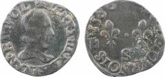French coins : Troyes mint Henri III, denier tournois, 1586 Troyes A/(à 12 h.) + HENRI. III. R. DE. FRAN. ET. POL Buste à droite du Roi, lauré et cuirassé, avec boucle derrière la tête R/+ DENIER. TOV