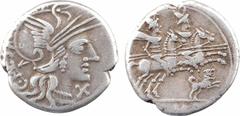 Roman republican coins Antestia, denier, Rome, 146 av. J.-C A/C. AES - TI Buste casqué de Roma à droite, devant X Les Dioscures à droite, au-dessous un petit chien ; à l'exergue ROMA Argent 17,5 mm 3,