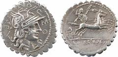 Roman republican coins Pomponia, denier serratus, Rome, 118 av. J.-C A/L POM-P-ONI CN F Tête casquée de Rome à droite ; derrière, marque de valeur X R/L LIC CN DOM Un soldat gaulois nu, dans un bige à