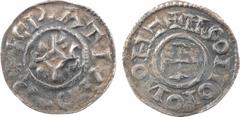 Carolingian coins Charles le Chauve, denier, Huy ? A/(à 10 h.) + GRATIA D RX Monogramme de Charles sous forme KRLS R/+ HQO IIOIO MONT Croix Argent 20,5 mm 1,52 g 11 h TTB, RRR D.457 (11 ex.), MG.655 v