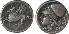 Greek coins Corinthe, statère, c.345-307 av. J.-C A/Anépigraphe Pégase volant à gauche ; en dessous, lettre punique R/Anépigraphe Tête d'Athéna à gauche, coiffée du casque corinthien, orné d'une couro
