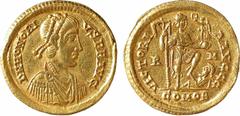 Roman imperial coins Honorius, solidus, Rome, 404-408 A/D N HONORI-VS P F AVG Buste diadémé à droite, drapé et cuirassé, vu de trois quarts en avant R/VICTORI-A AVGGG/ R/ M/ COMOB L'Empereur debout à 